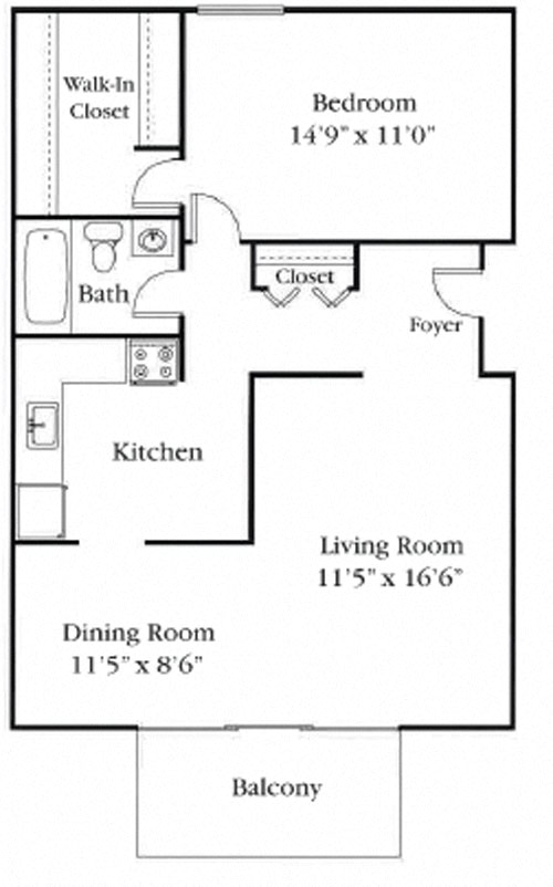 Floor plan for 1 bed, 1 bath, 750 sqft